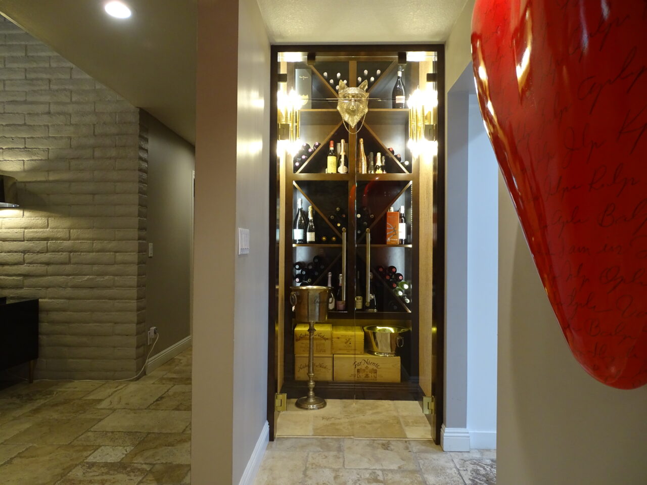 Modern home interior with stylish wine storage area.