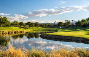 Scenic golf course with lake and lush greenery