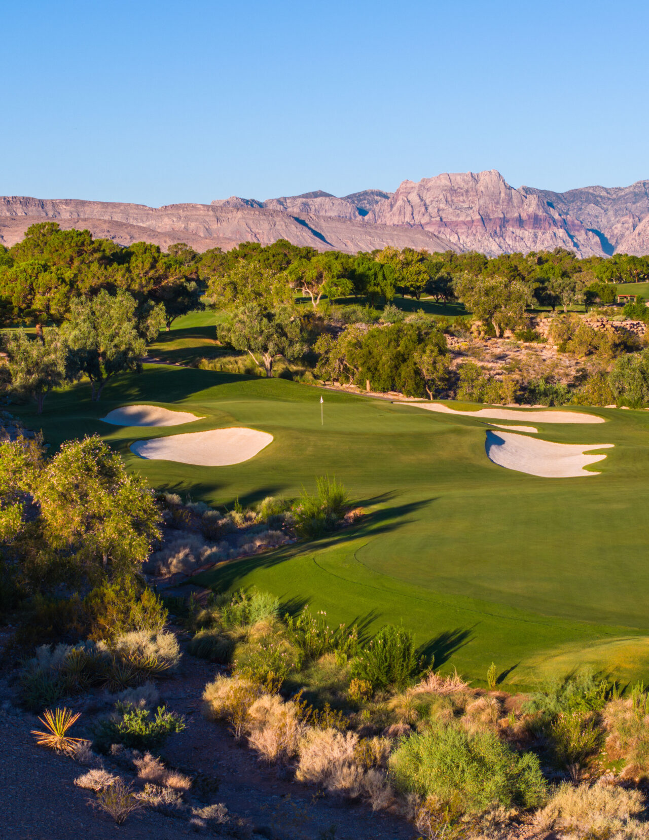 Scenic desert golf course with mountains in background