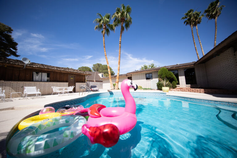 Sunny poolside with pink flamingo float and palm trees