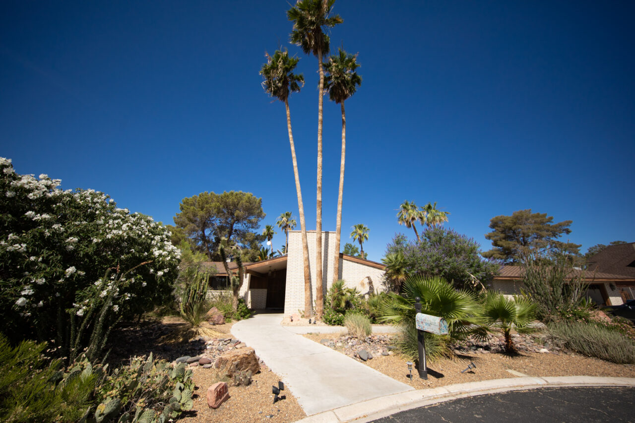 Sunny suburban home with palm trees and desert garden