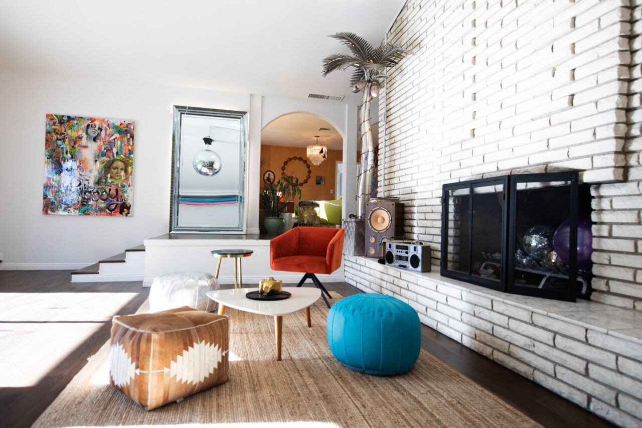 Bright modern living room with eclectic decor and furnishings