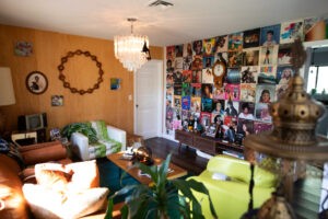 Retro living room with vintage album cover wall